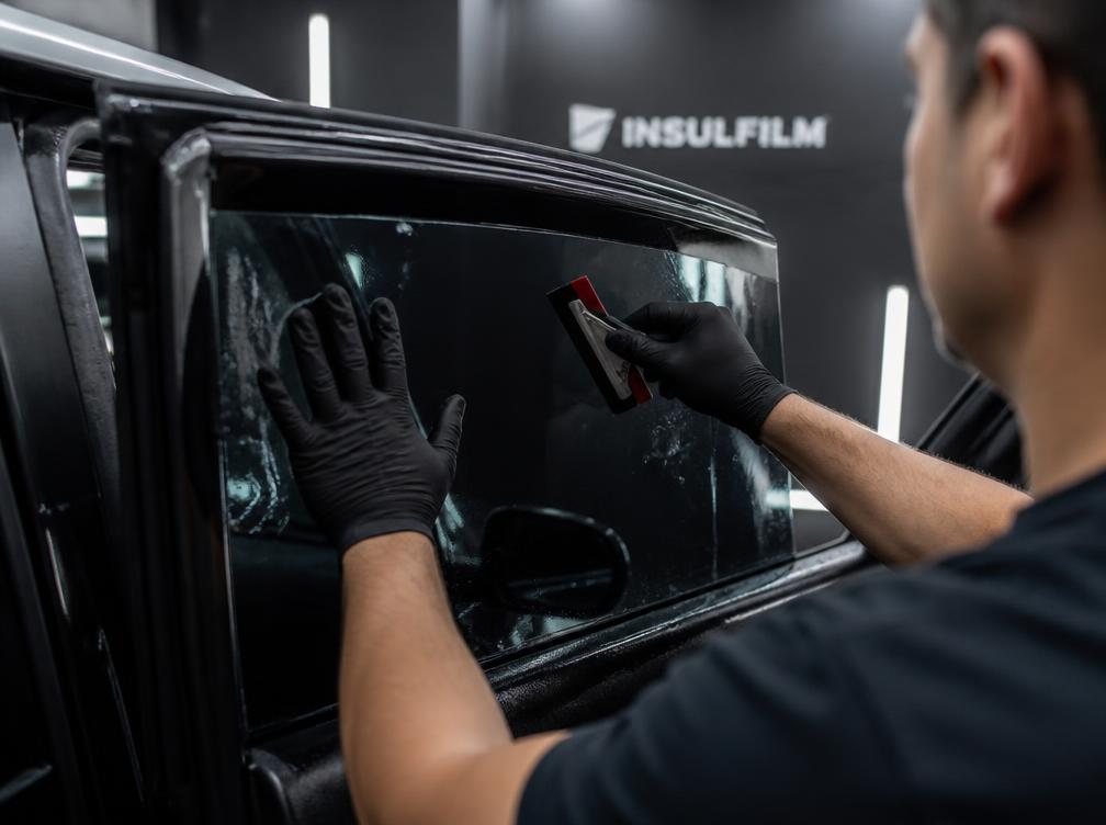 Aplicação de insulfilm no vidro lateral de um carro na Space Car